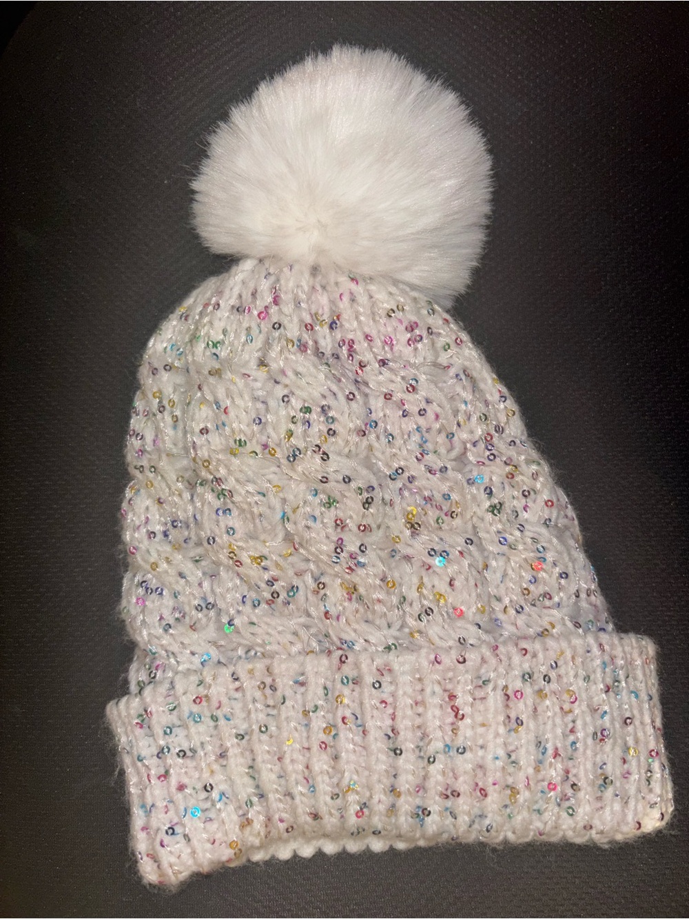 Kids White Knit Pom Pom Beanie with Multicolor Sequin Accents